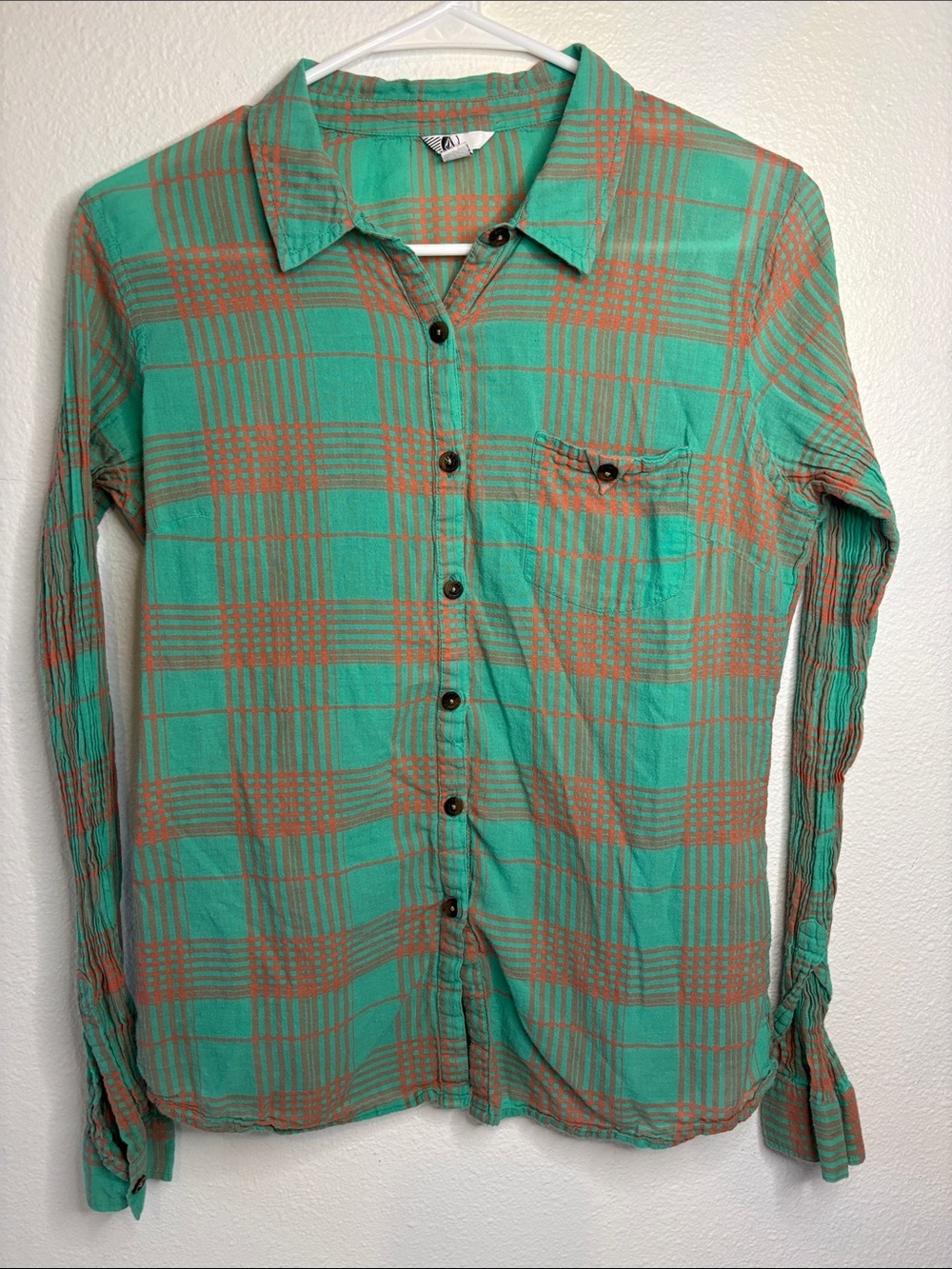 Volcom Teal and Orange Plaid Button-Up Shirt -331sku